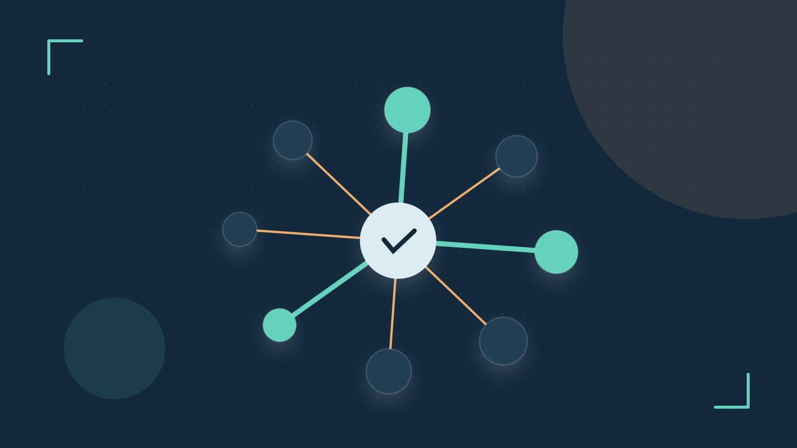 Editorial illustration of an algorithmic node graph with branching paths and a highlighted result