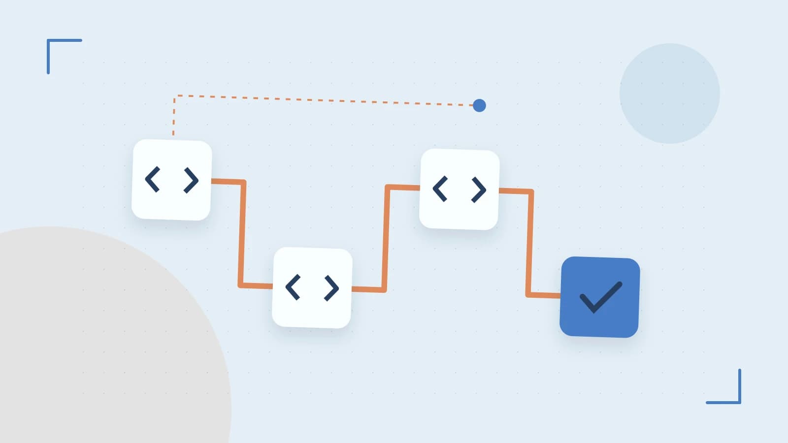 Editorial illustration of a branching build pipeline, staged transformations and a completed check