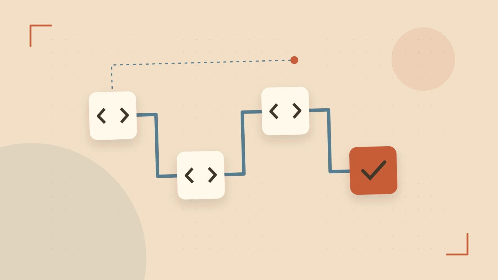 Editorial illustration of a branching build pipeline, staged transformations and a completed check
