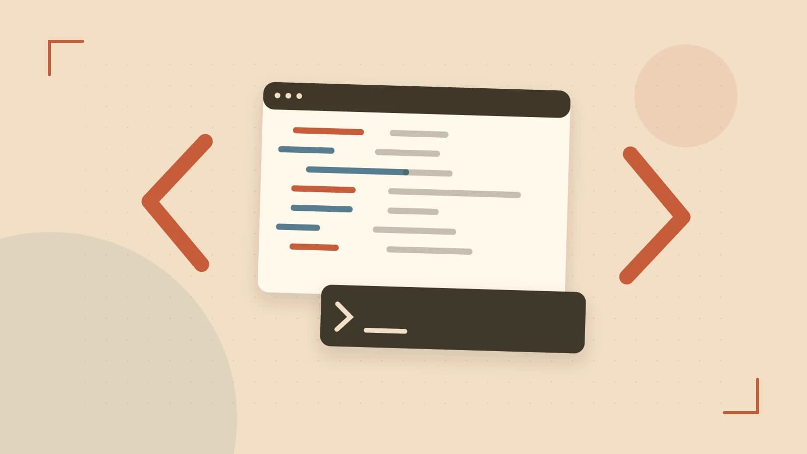 Editorial illustration of an abstract code editor, syntax blocks and oversized programming brackets