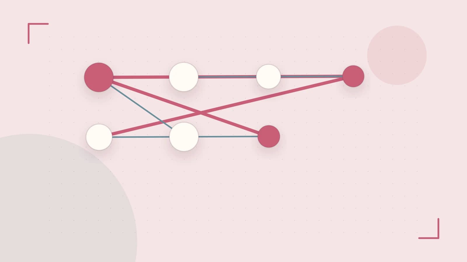 Editorial illustration of an algorithmic node graph with branching paths and a highlighted result