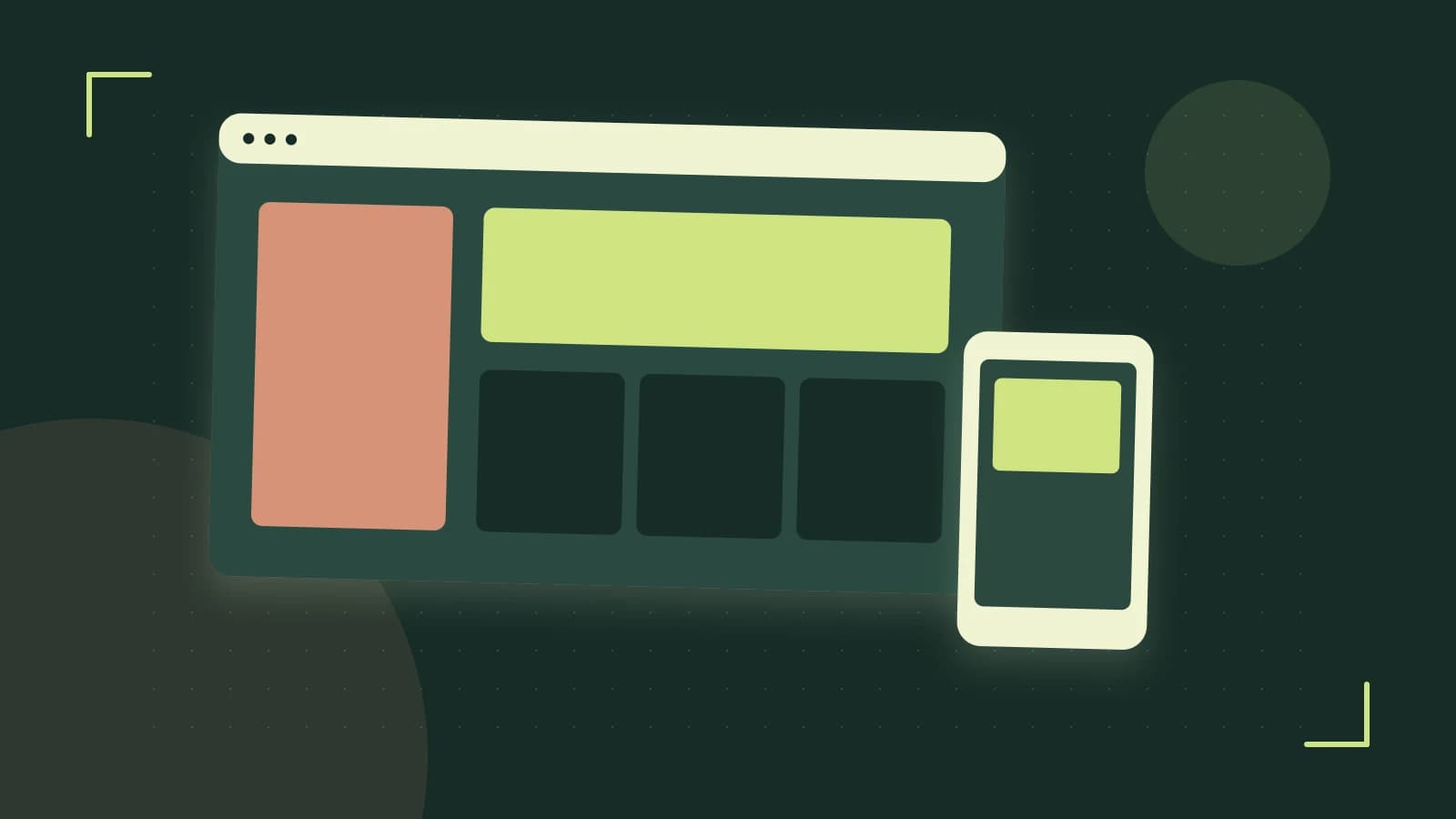 Editorial illustration of responsive browser layouts, overlapping design components and a color system