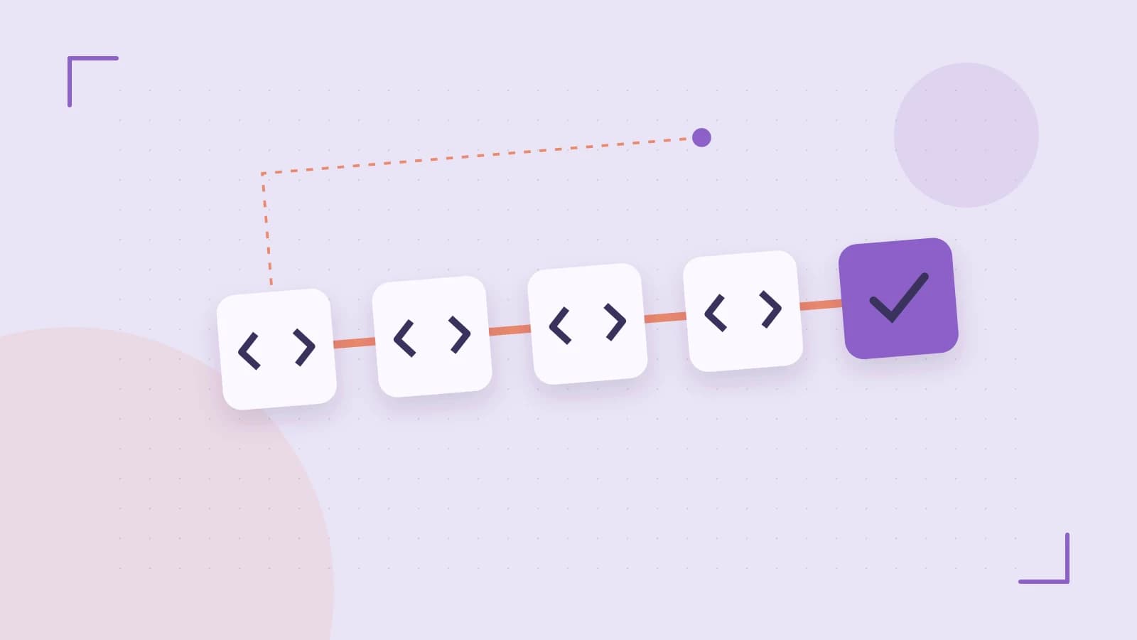 Editorial illustration of a branching build pipeline, staged transformations and a completed check