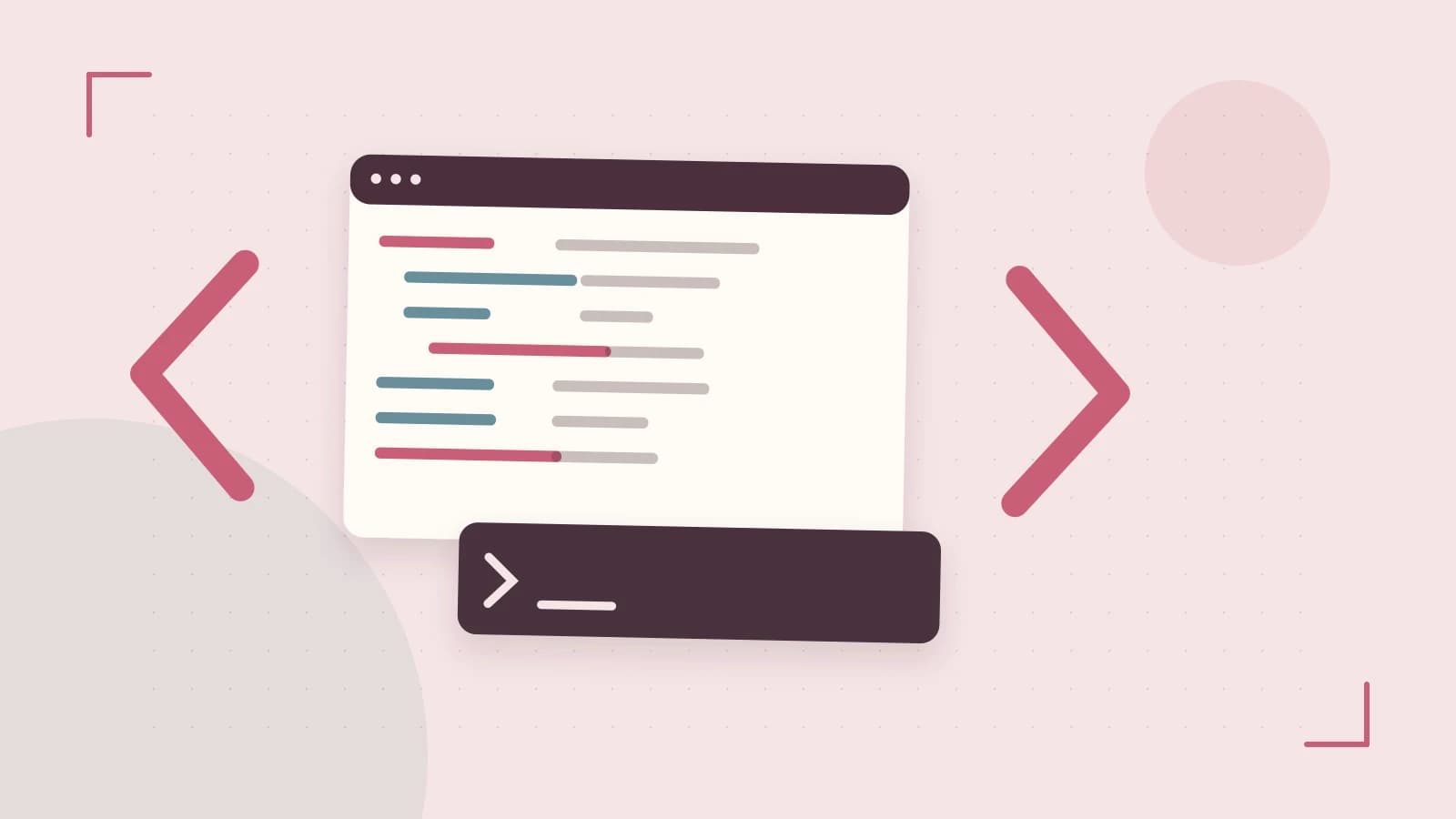Editorial illustration of an abstract code editor, syntax blocks and oversized programming brackets