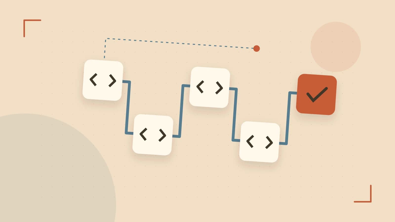 Editorial illustration of a branching build pipeline, staged transformations and a completed check