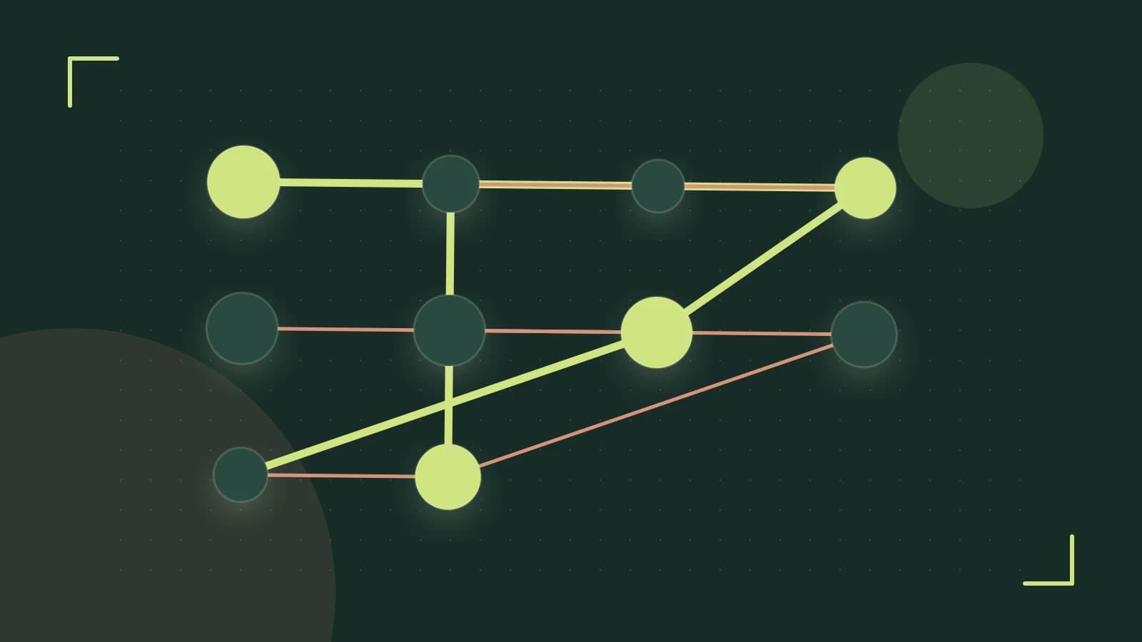 Editorial illustration of an algorithmic node graph with branching paths and a highlighted result