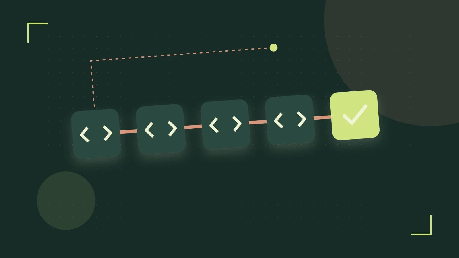 Editorial illustration of a branching build pipeline, staged transformations and a completed check