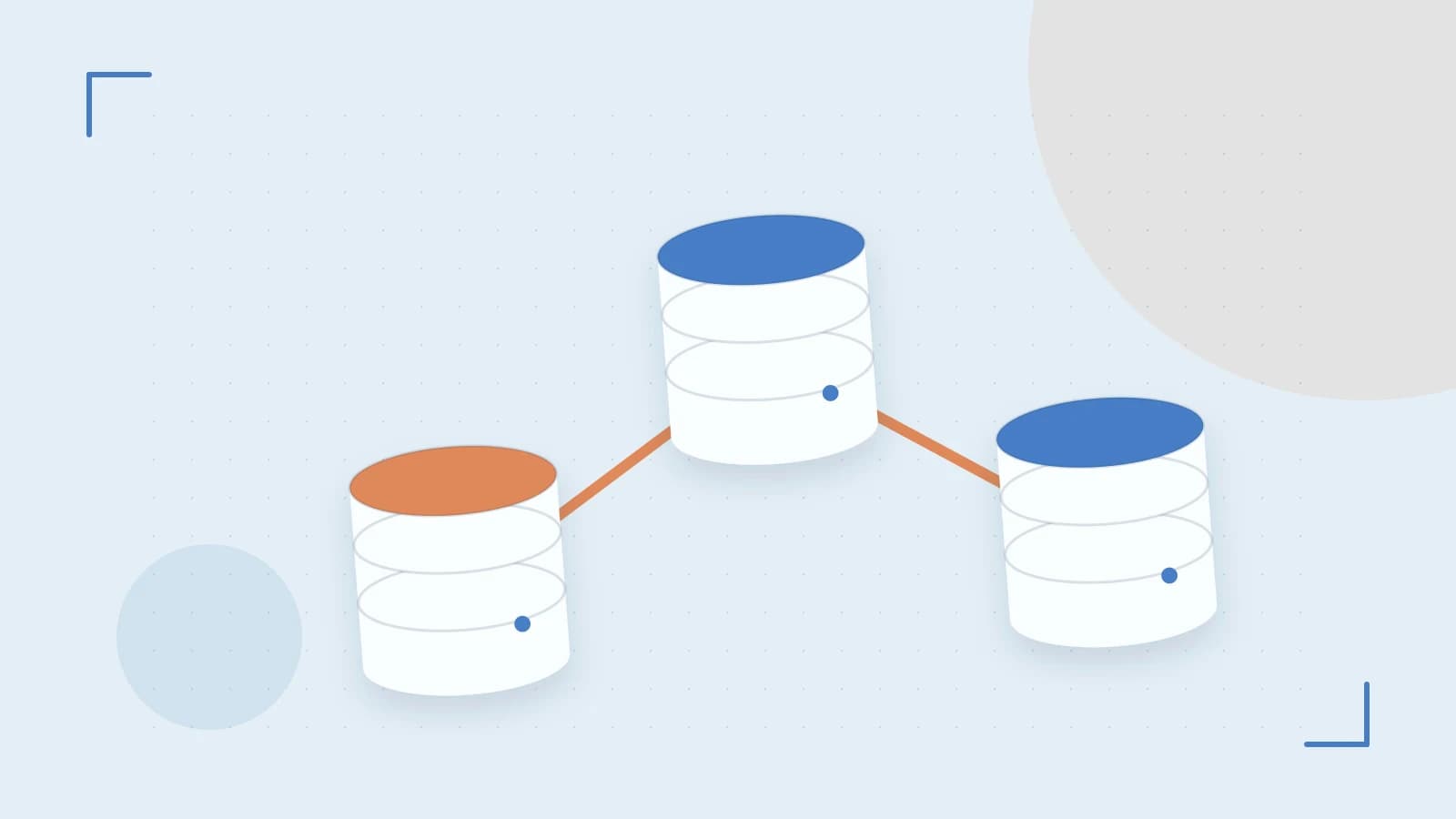 Editorial illustration of structured records, database cylinders and relationships between tables