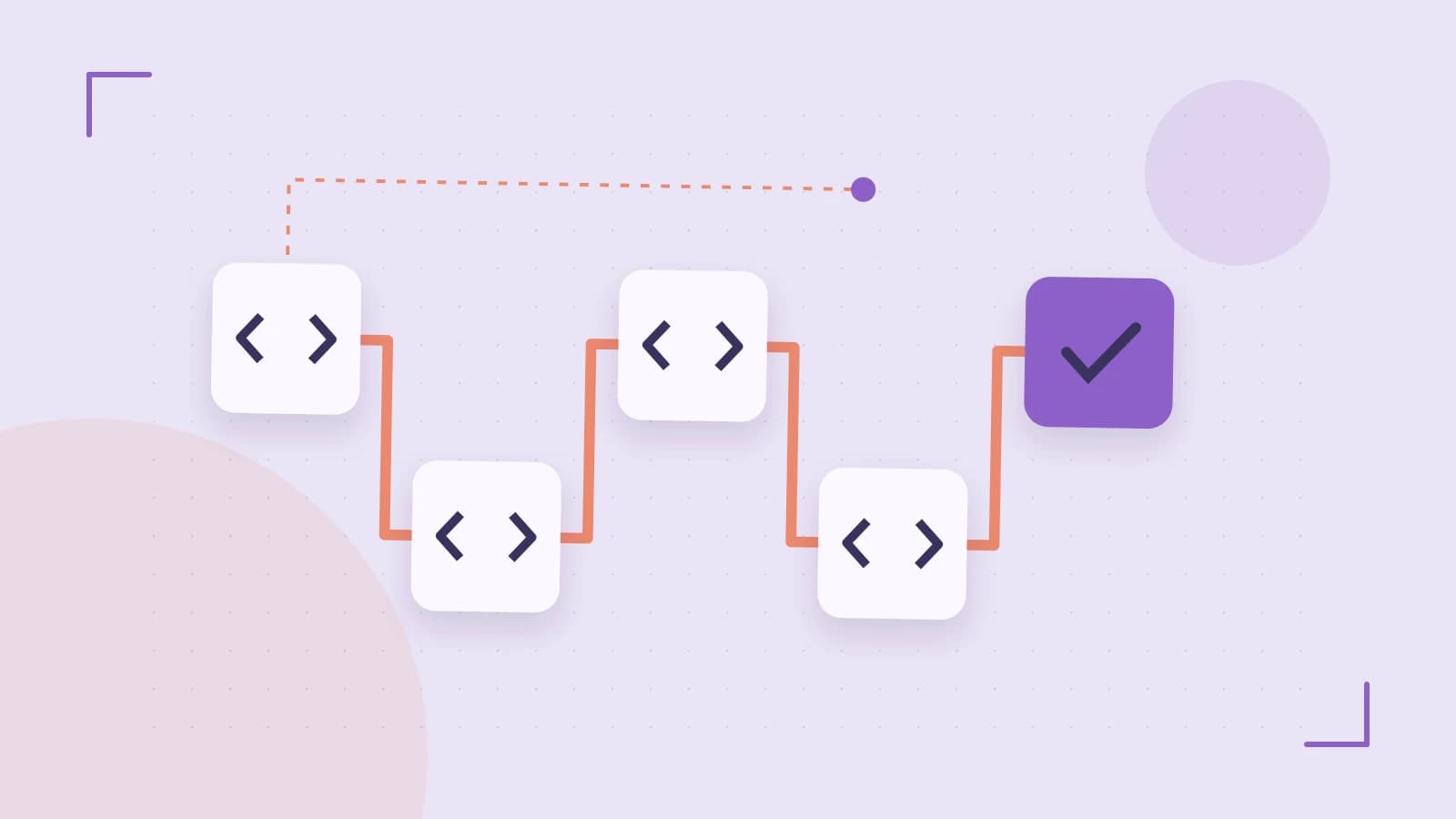 Editorial illustration of a branching build pipeline, staged transformations and a completed check