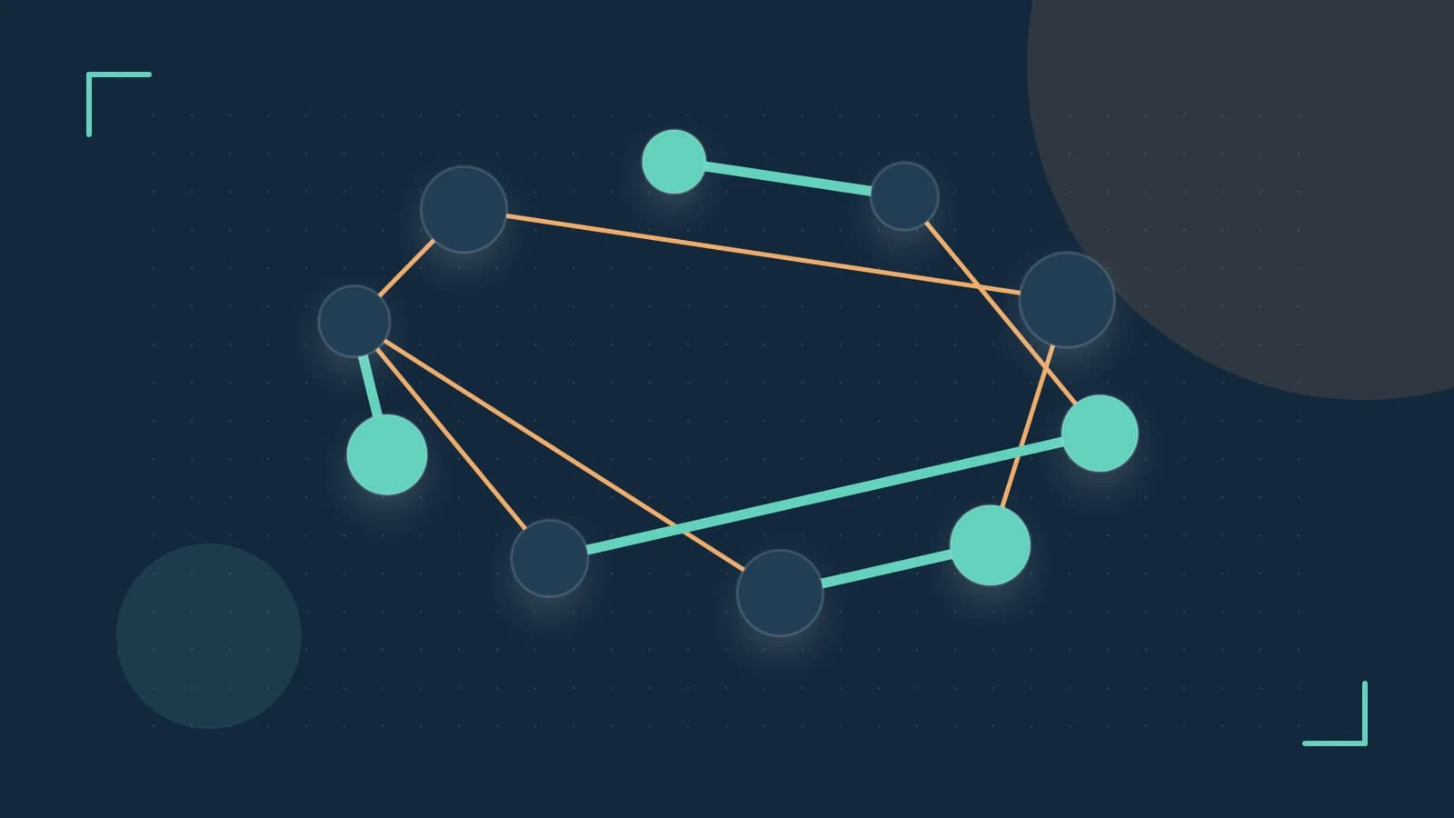 Editorial illustration of an algorithmic node graph with branching paths and a highlighted result