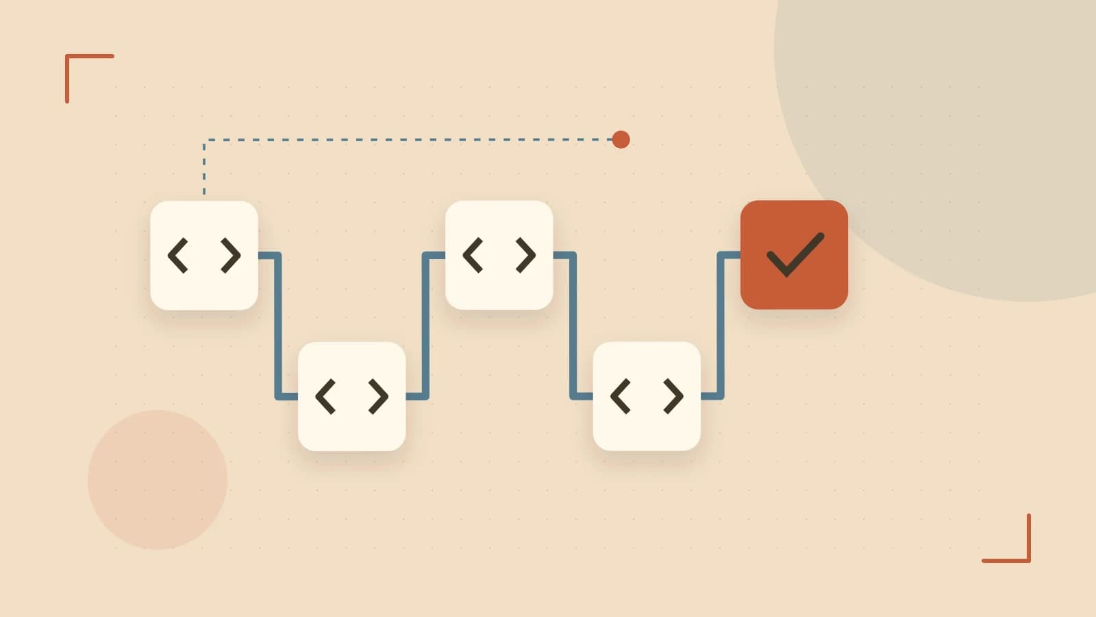 Editorial illustration of a branching build pipeline, staged transformations and a completed check