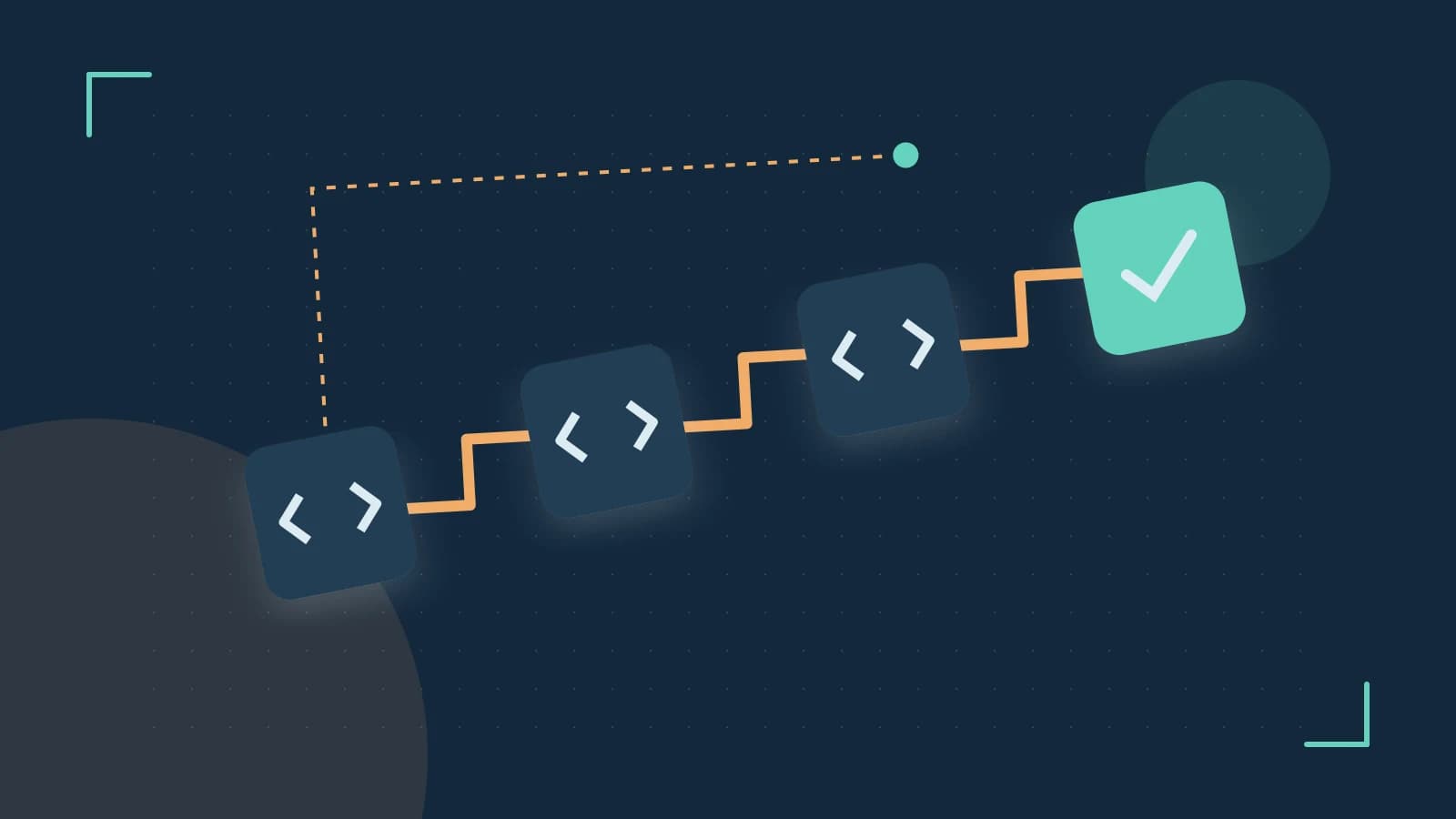 Editorial illustration of a branching build pipeline, staged transformations and a completed check