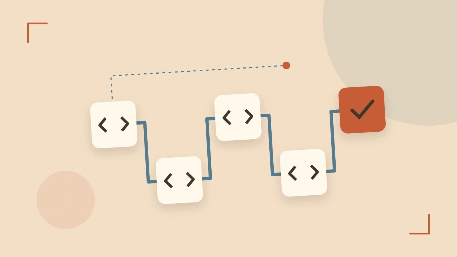 Editorial illustration of a branching build pipeline, staged transformations and a completed check