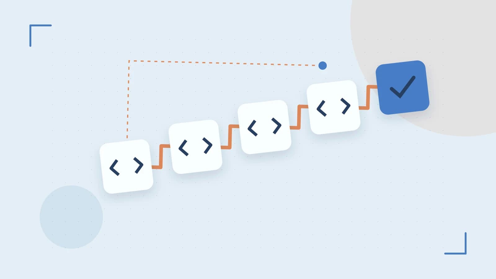 Editorial illustration of a branching build pipeline, staged transformations and a completed check