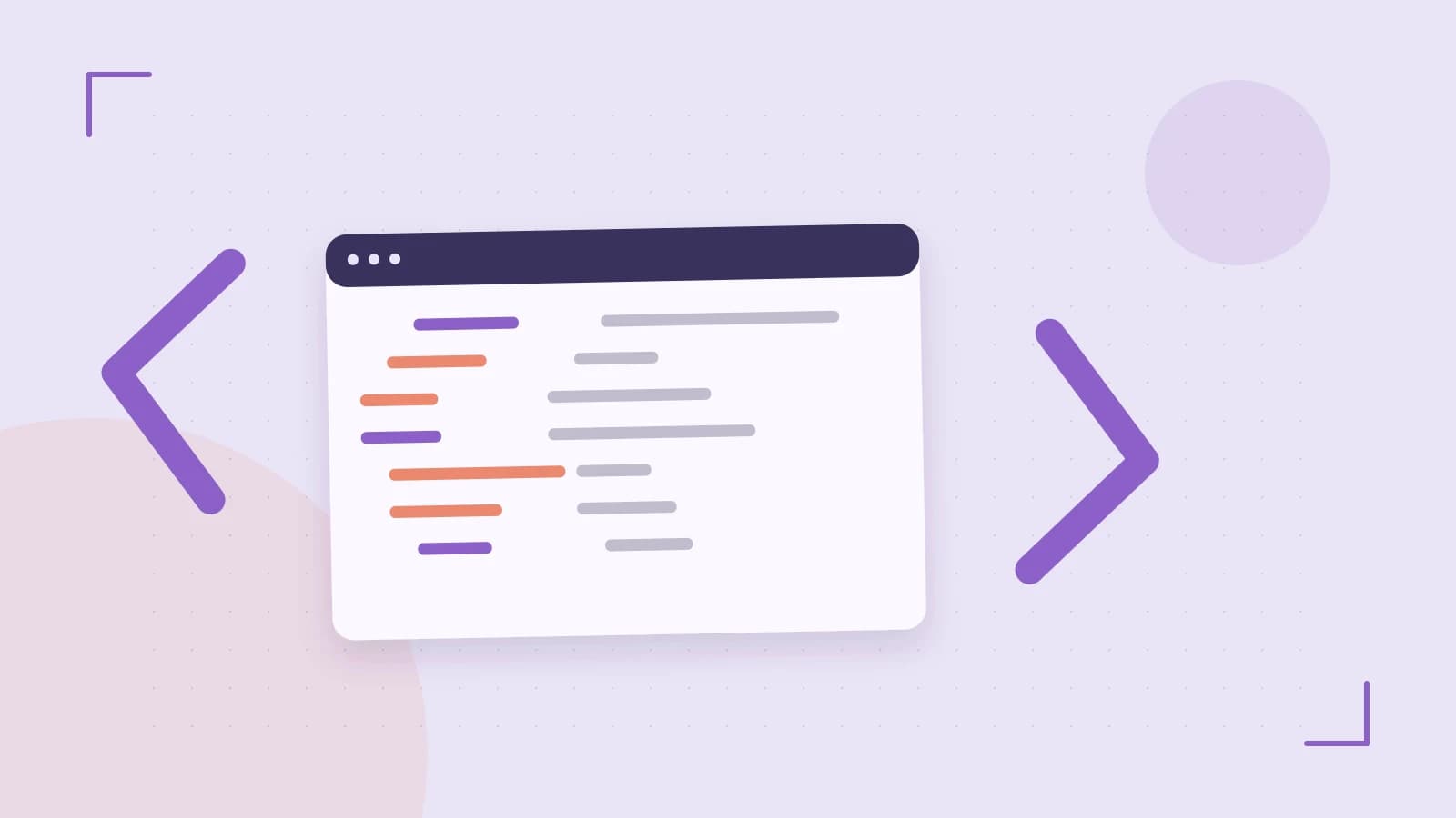 Editorial illustration of an abstract code editor, syntax blocks and oversized programming brackets