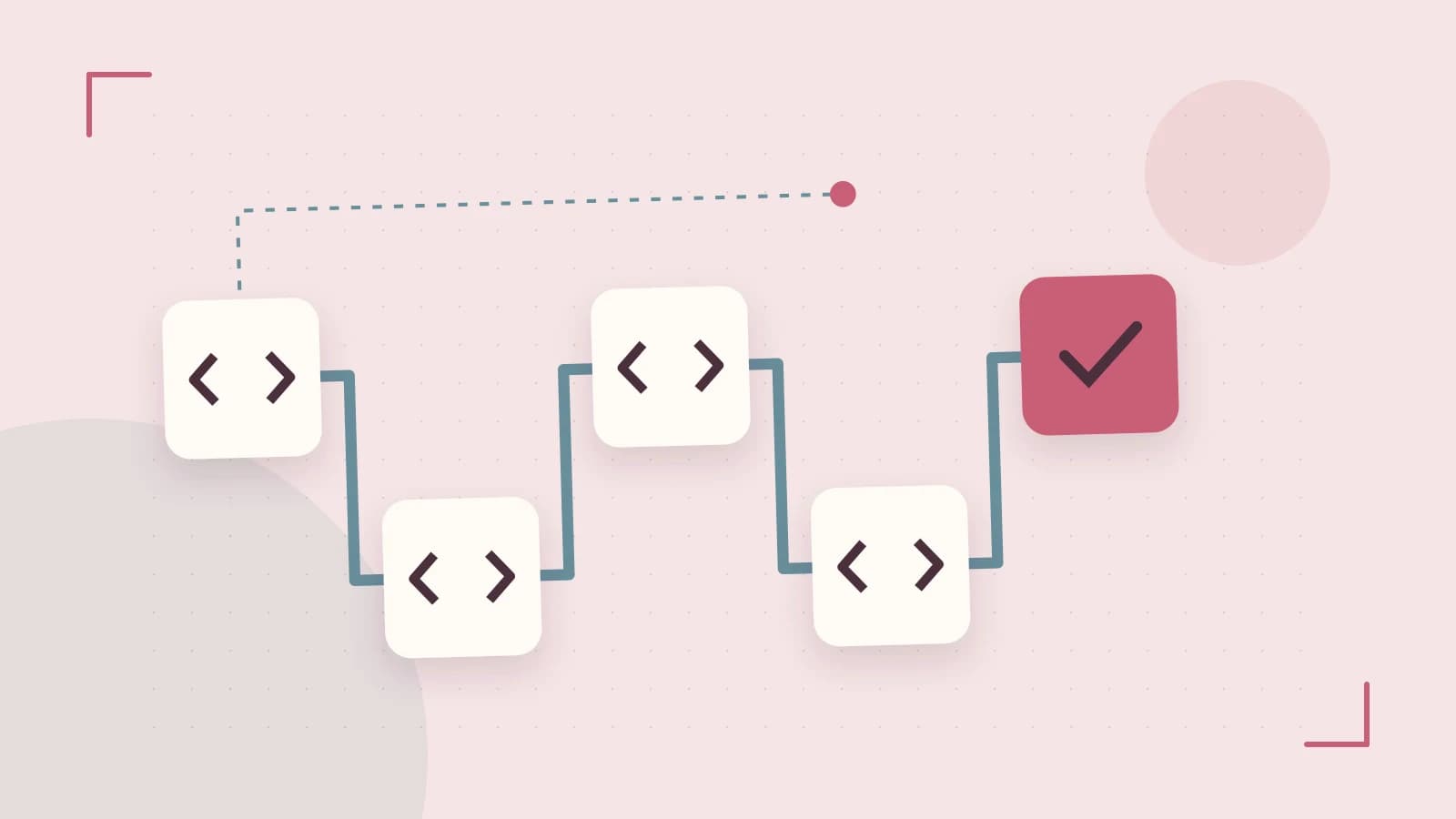 Editorial illustration of a branching build pipeline, staged transformations and a completed check