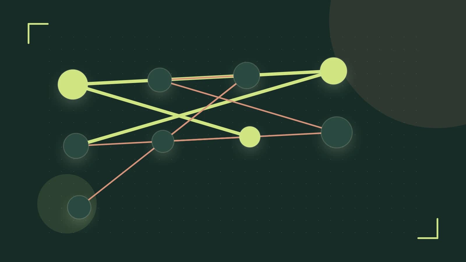 Editorial illustration of an algorithmic node graph with branching paths and a highlighted result