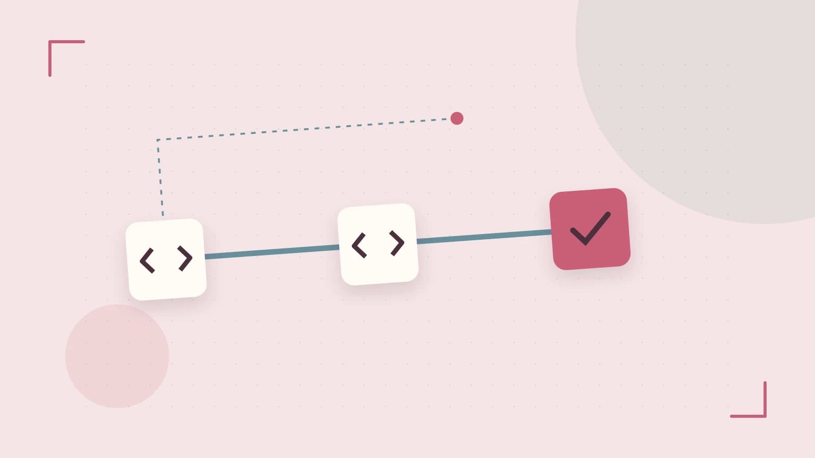 Editorial illustration of a branching build pipeline, staged transformations and a completed check