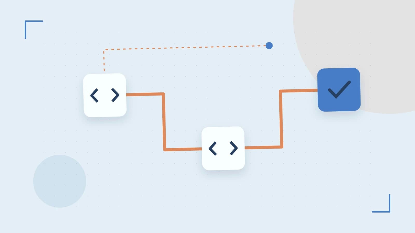 Editorial illustration of a branching build pipeline, staged transformations and a completed check