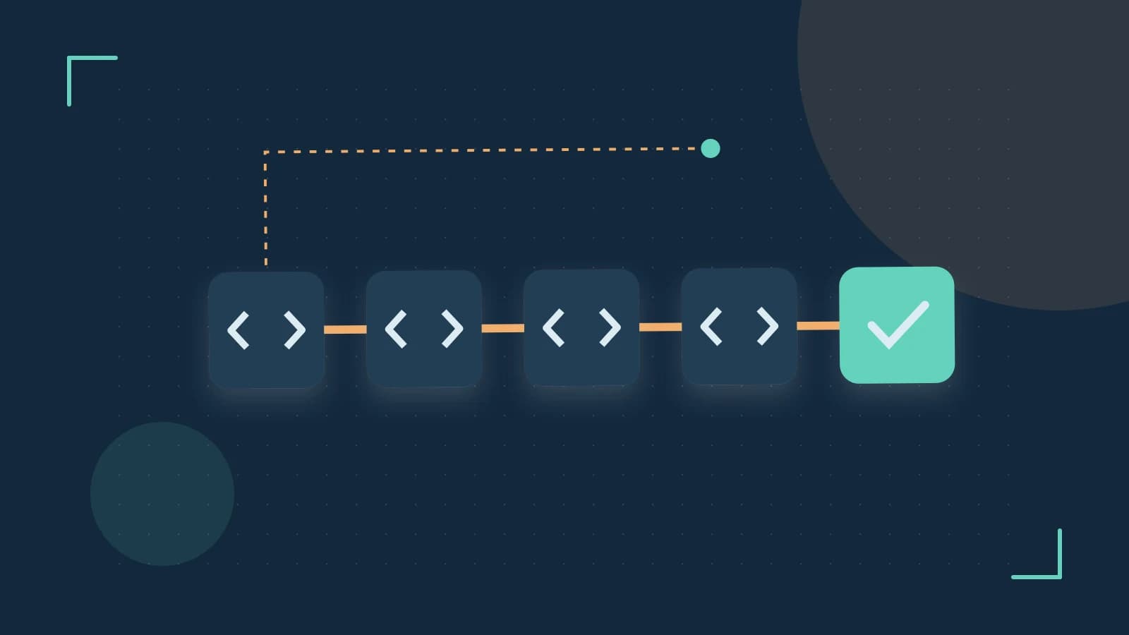 Editorial illustration of a branching build pipeline, staged transformations and a completed check