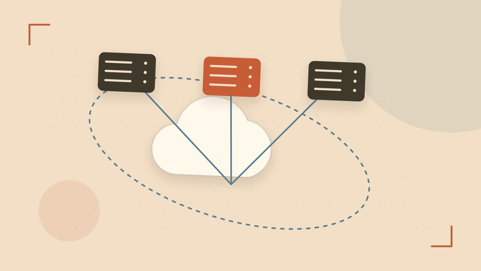 Editorial illustration of cloud infrastructure, connected server racks and an orbital service map
