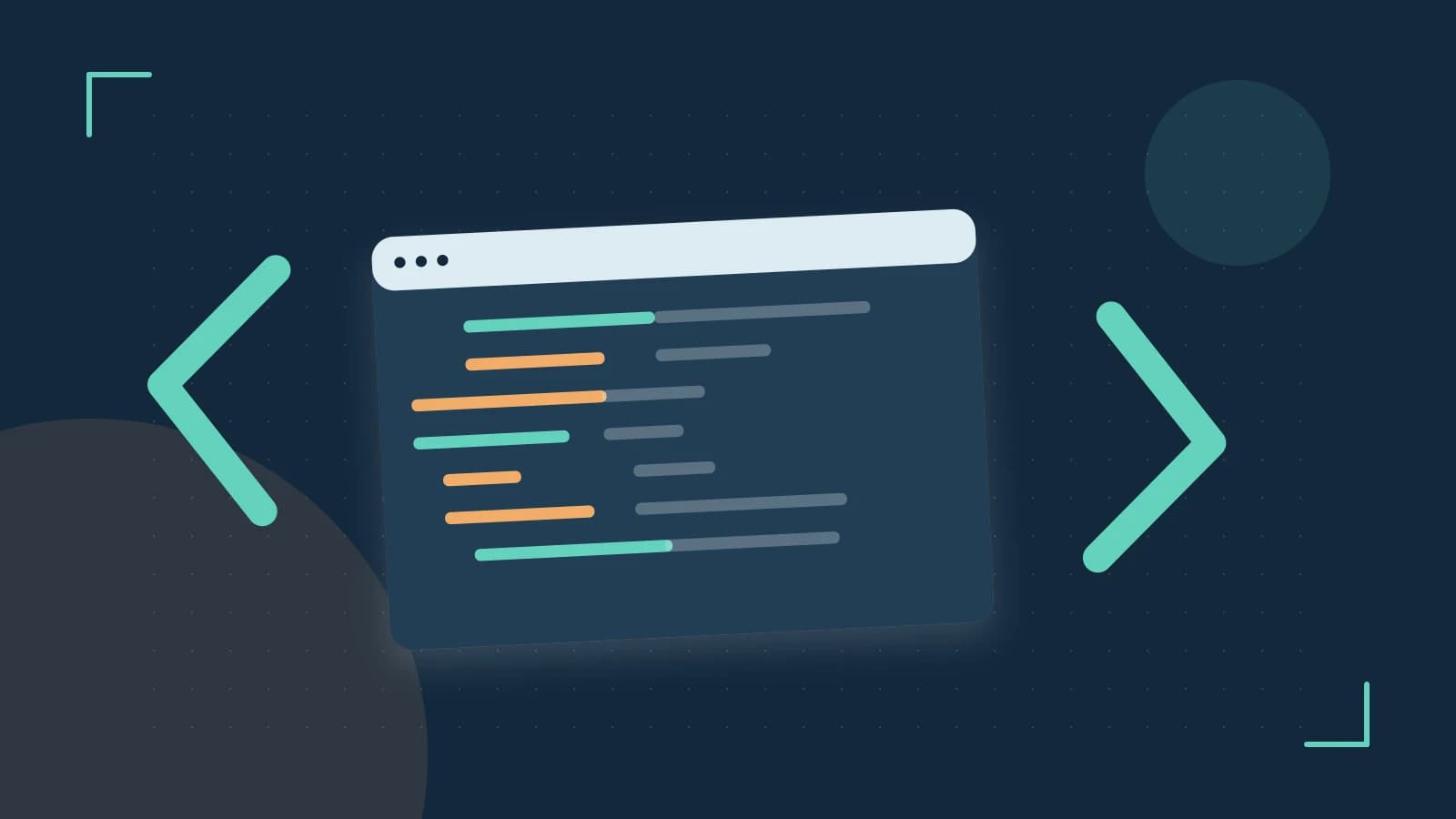 Editorial illustration of an abstract code editor, syntax blocks and oversized programming brackets
