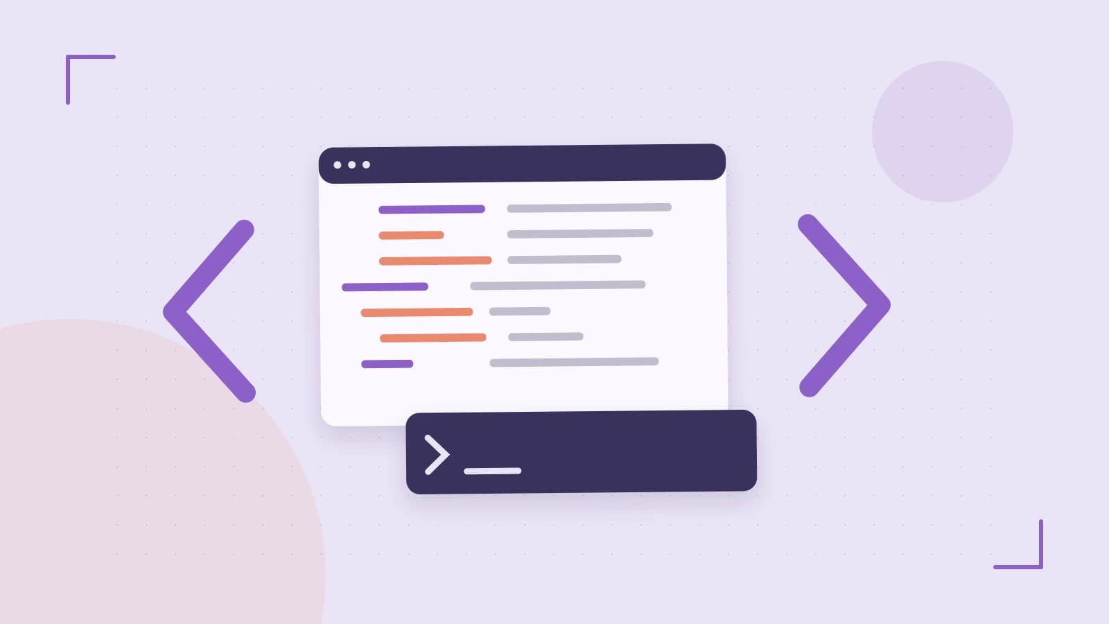 Editorial illustration of an abstract code editor, syntax blocks and oversized programming brackets