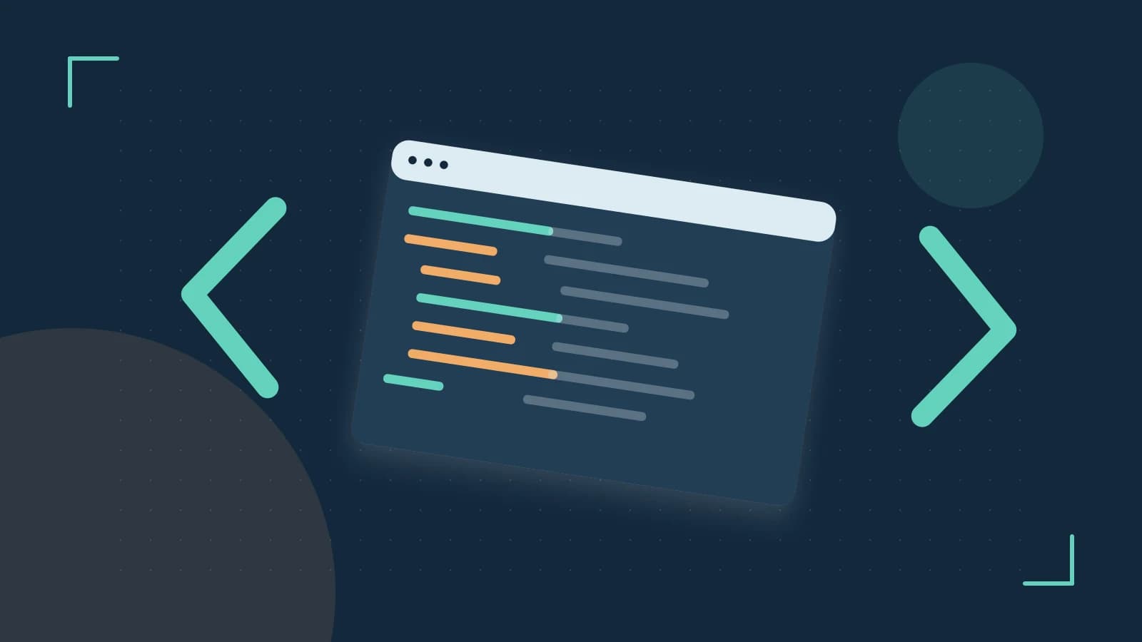 Editorial illustration of an abstract code editor, syntax blocks and oversized programming brackets