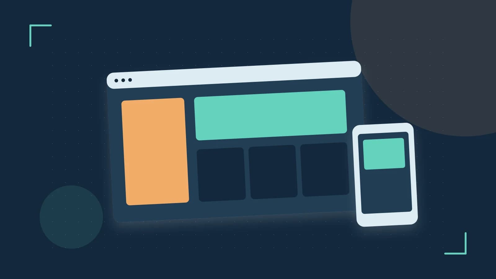 Editorial illustration of responsive browser layouts, overlapping design components and a color system