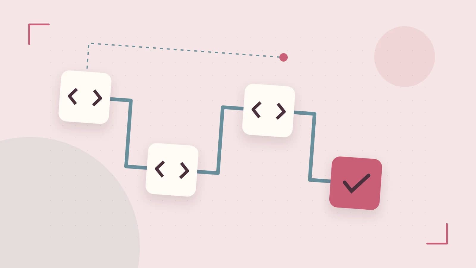 Editorial illustration of a branching build pipeline, staged transformations and a completed check