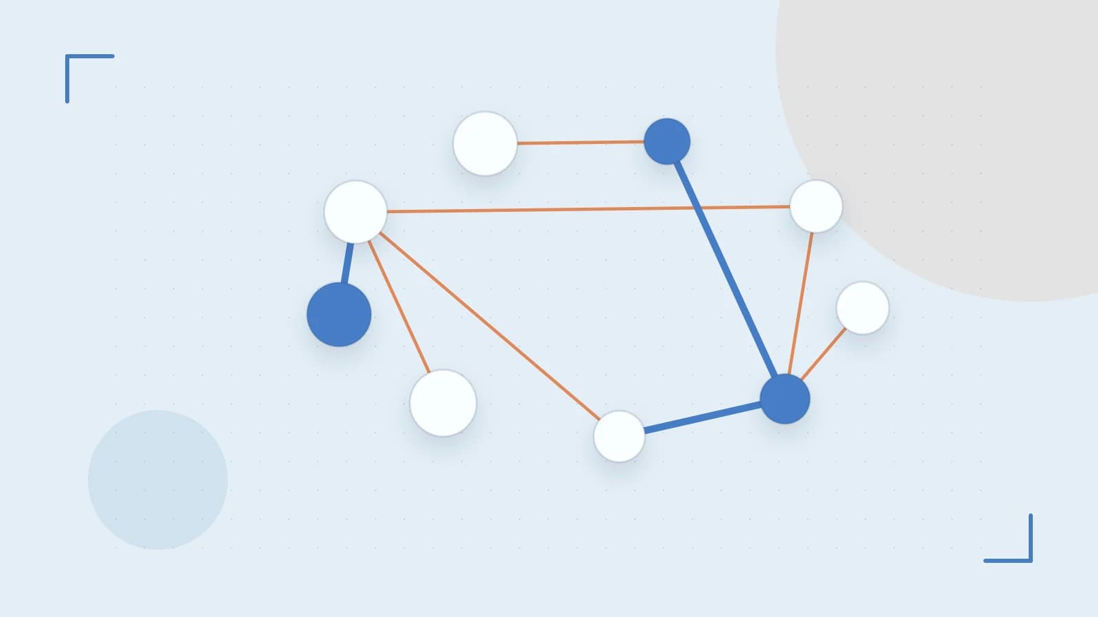 Editorial illustration of an algorithmic node graph with branching paths and a highlighted result