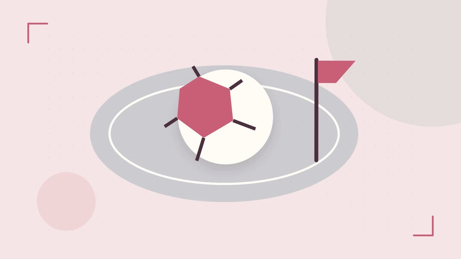 Editorial illustration of a stylized sports ball, stadium geometry and dynamic arcs
