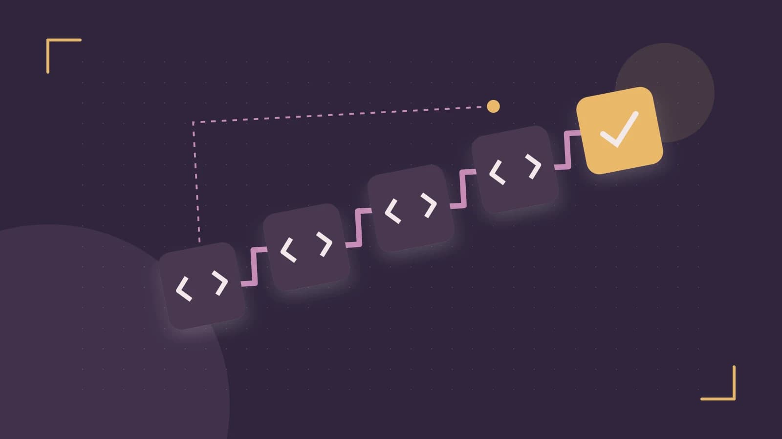 Editorial illustration of a branching build pipeline, staged transformations and a completed check