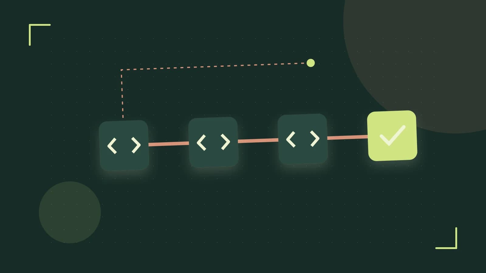 Editorial illustration of a branching build pipeline, staged transformations and a completed check