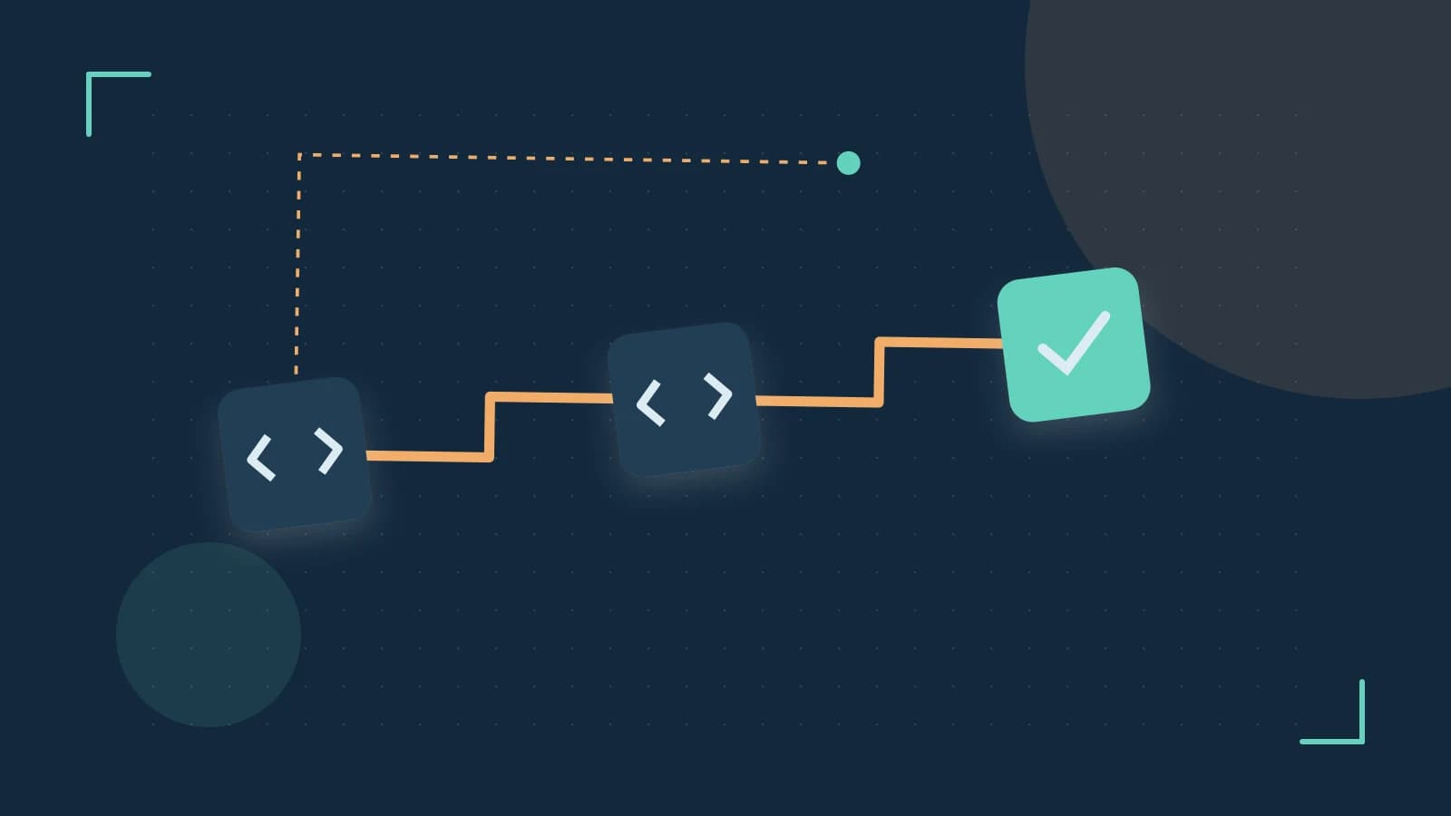 Editorial illustration of a branching build pipeline, staged transformations and a completed check