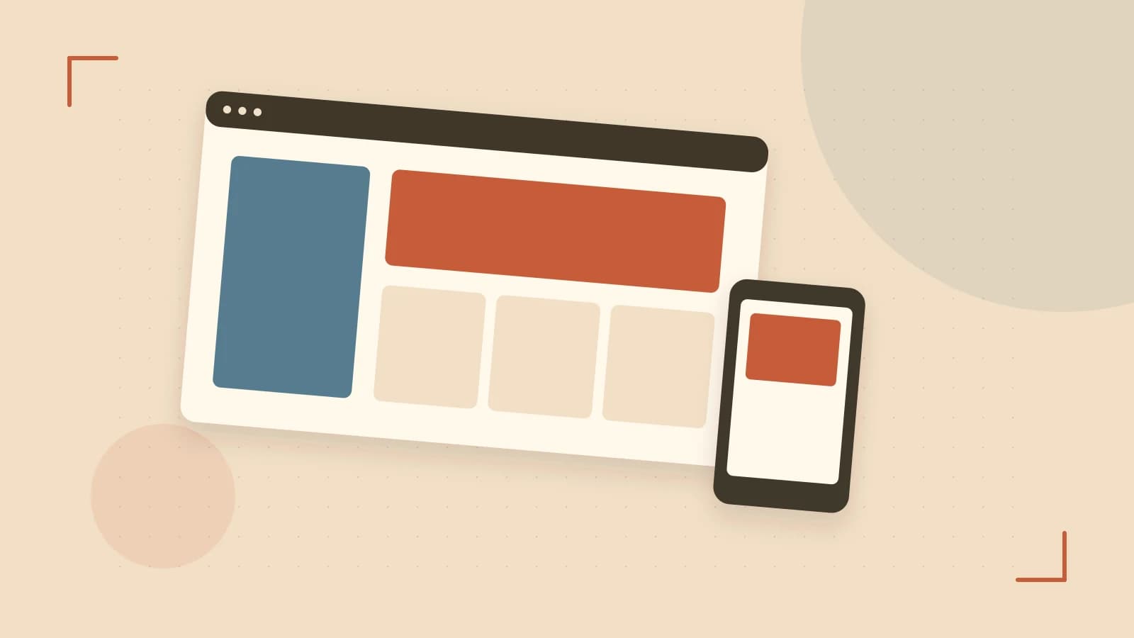 Editorial illustration of responsive browser layouts, overlapping design components and a color system