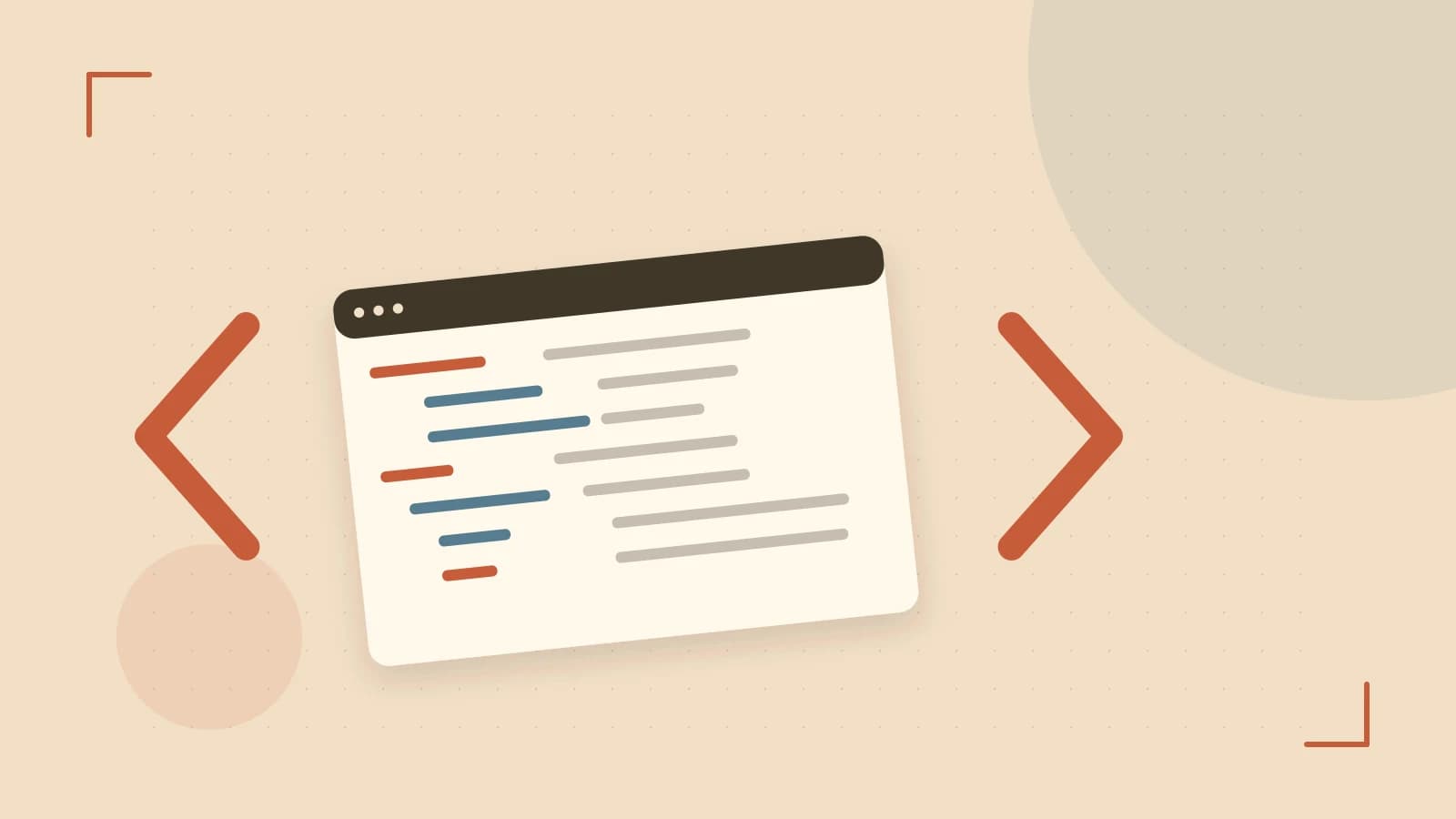 Editorial illustration of an abstract code editor, syntax blocks and oversized programming brackets