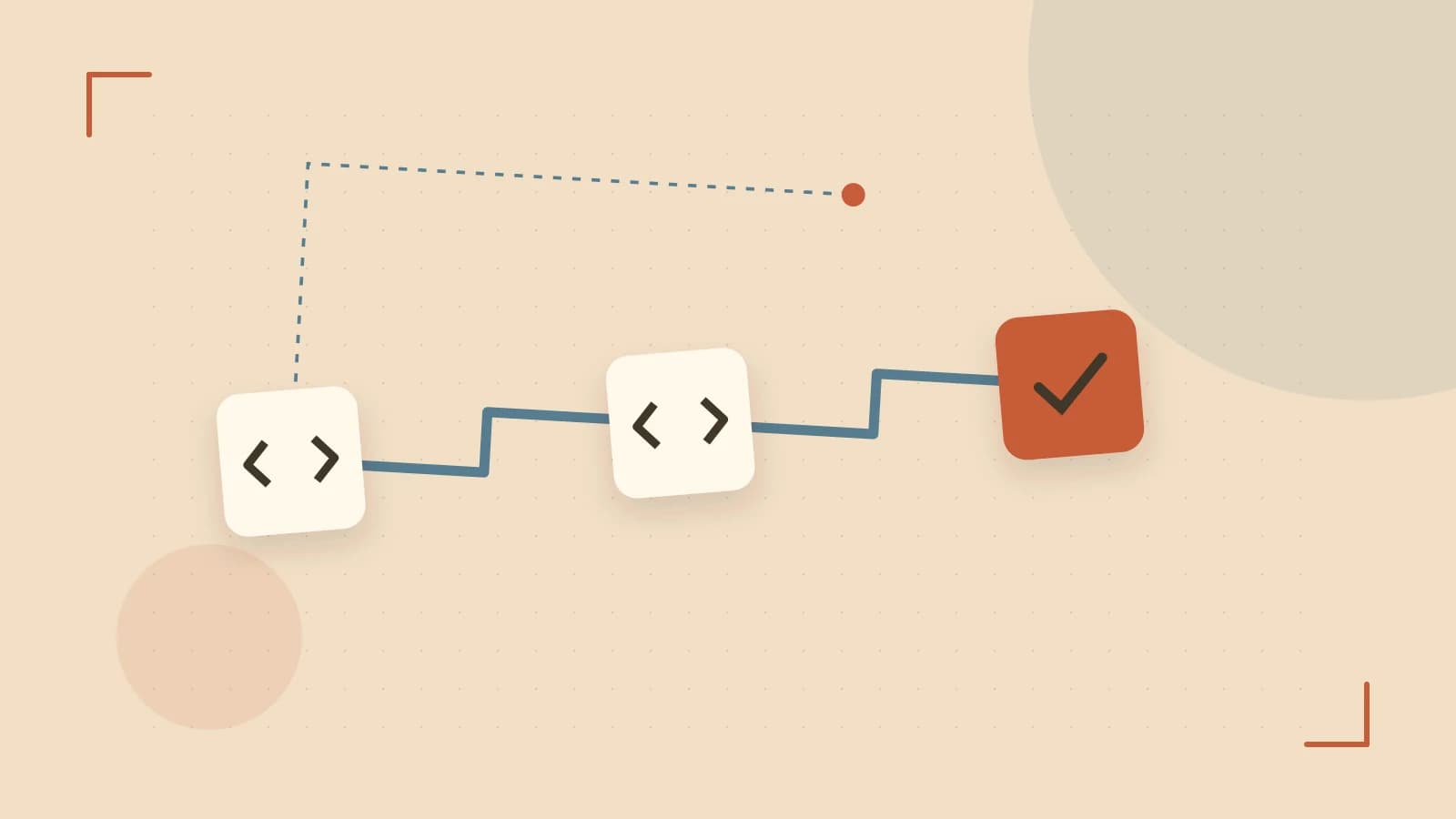 Editorial illustration of a branching build pipeline, staged transformations and a completed check
