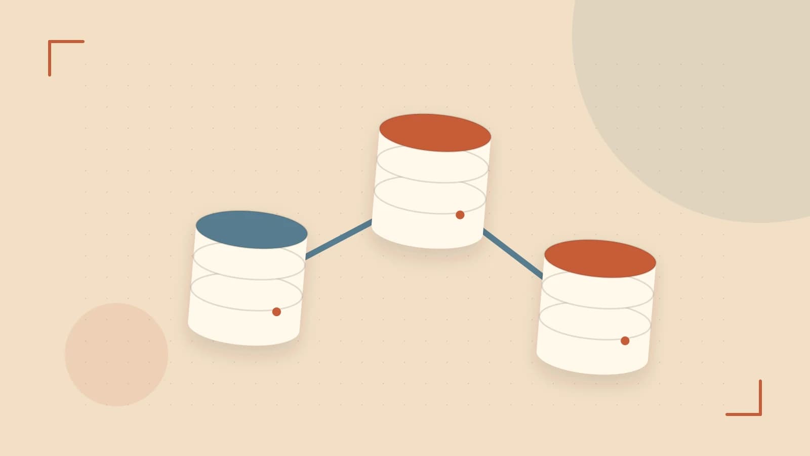 Editorial illustration of structured records, database cylinders and relationships between tables
