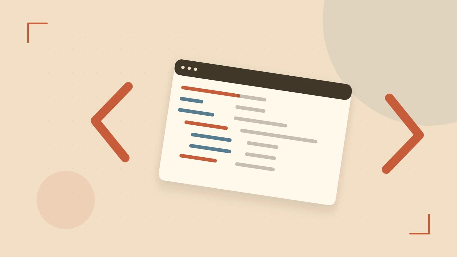 Editorial illustration of an abstract code editor, syntax blocks and oversized programming brackets