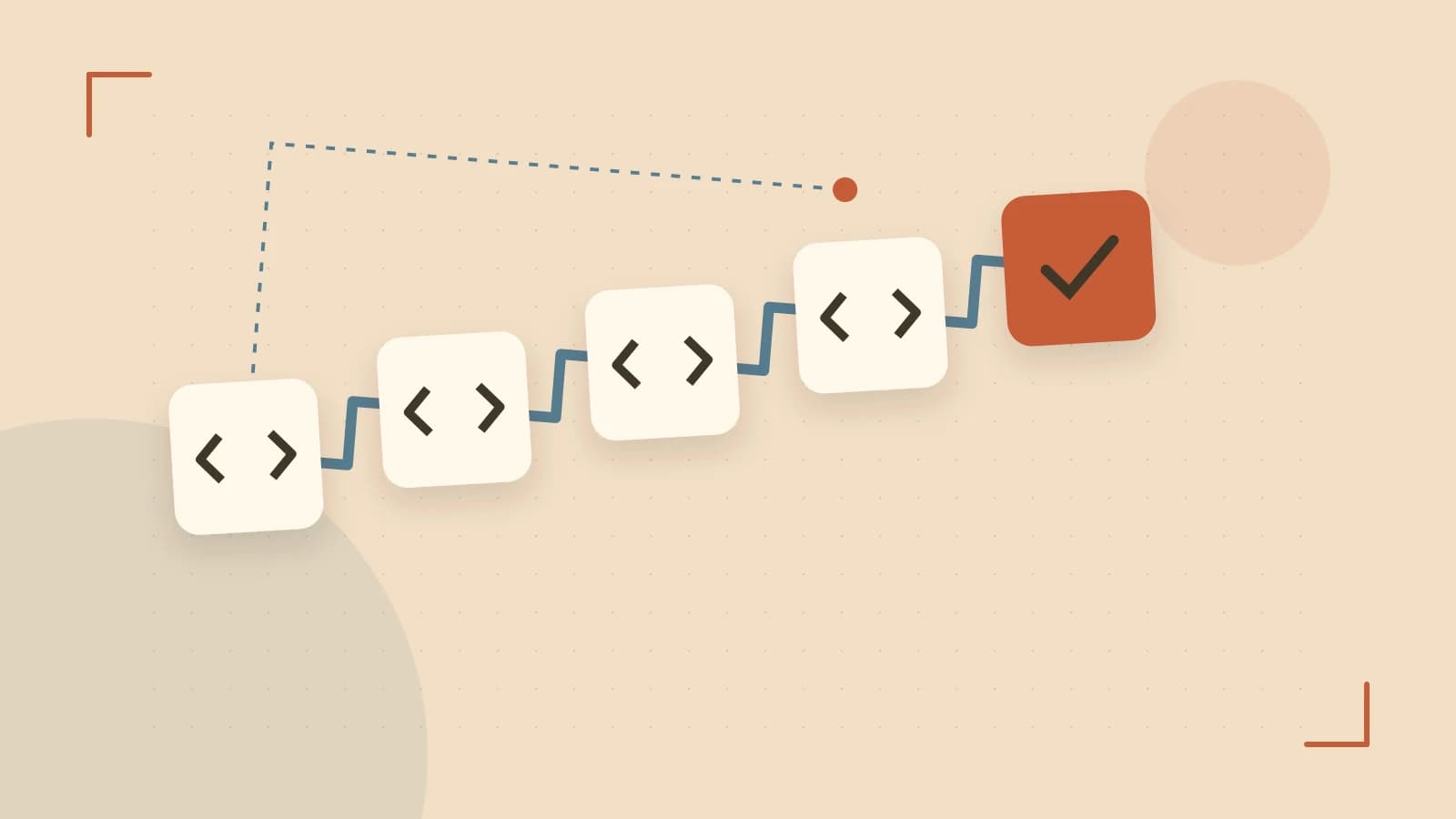 Editorial illustration of a branching build pipeline, staged transformations and a completed check