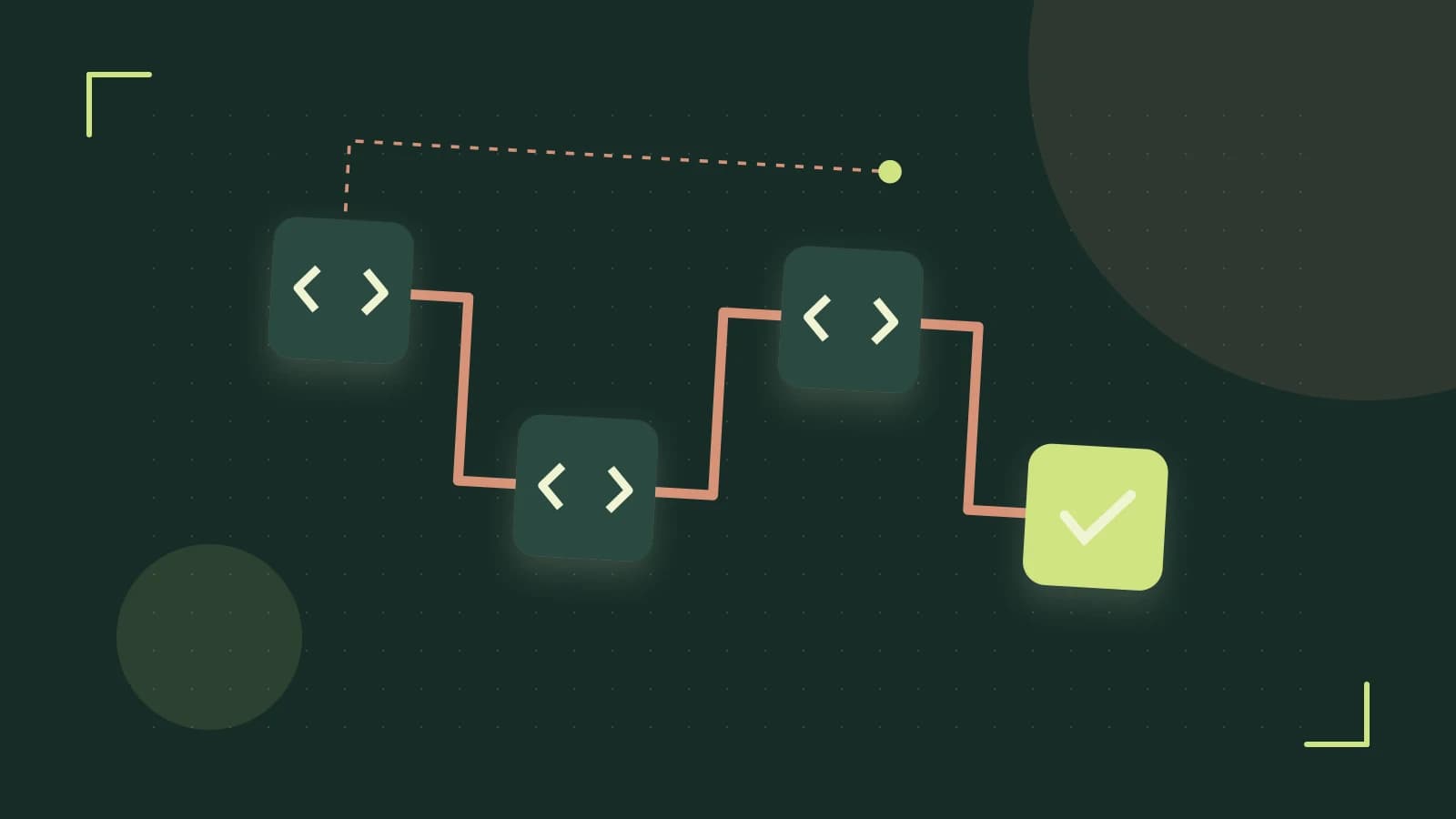 Editorial illustration of a branching build pipeline, staged transformations and a completed check