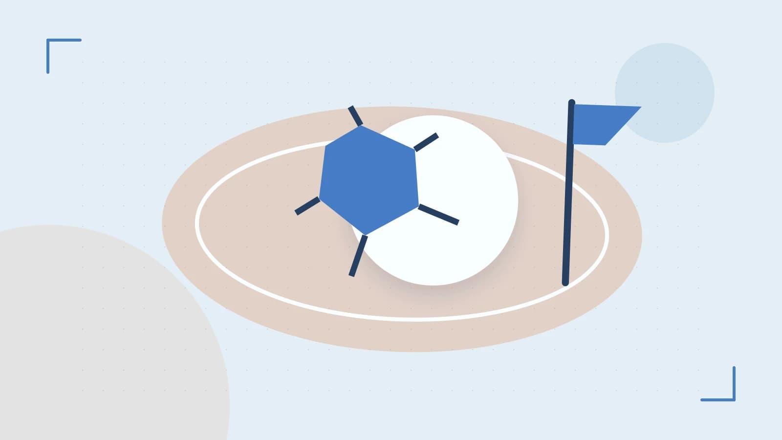 Editorial illustration of a stylized sports ball, stadium geometry and dynamic arcs