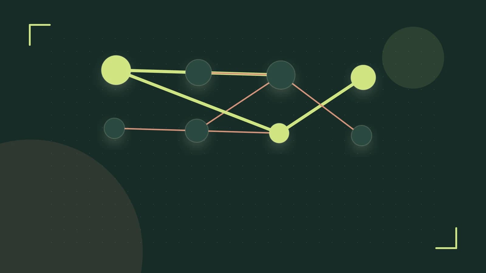 Editorial illustration of an algorithmic node graph with branching paths and a highlighted result