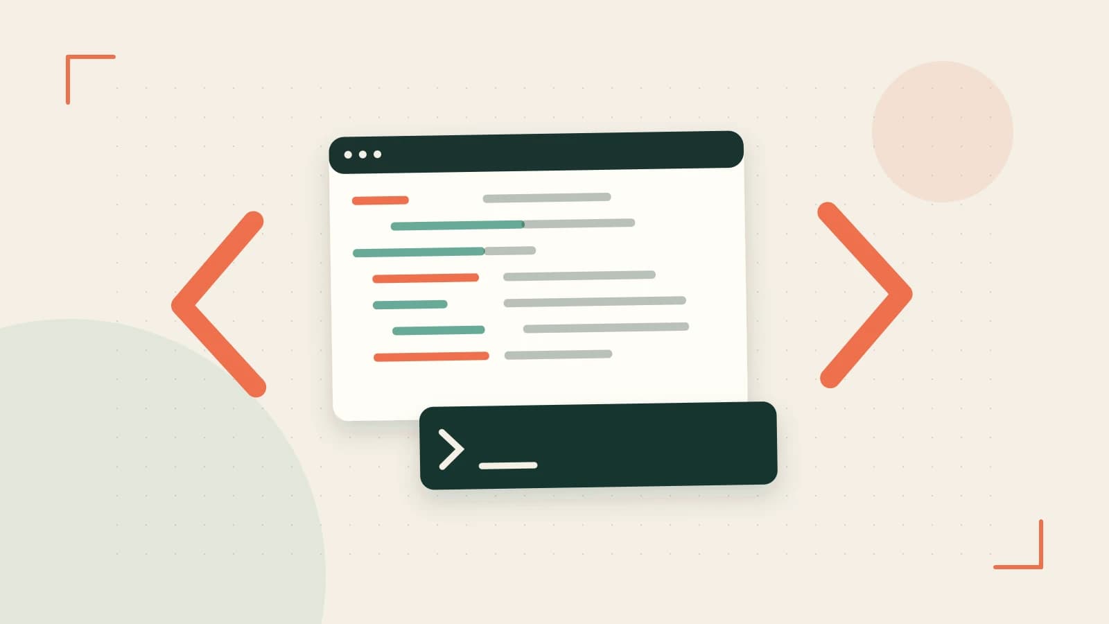 Editorial illustration of an abstract code editor, syntax blocks and oversized programming brackets