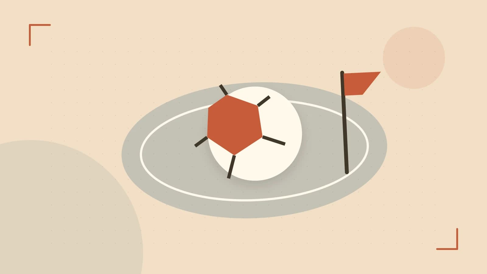 Editorial illustration of a stylized sports ball, stadium geometry and dynamic arcs