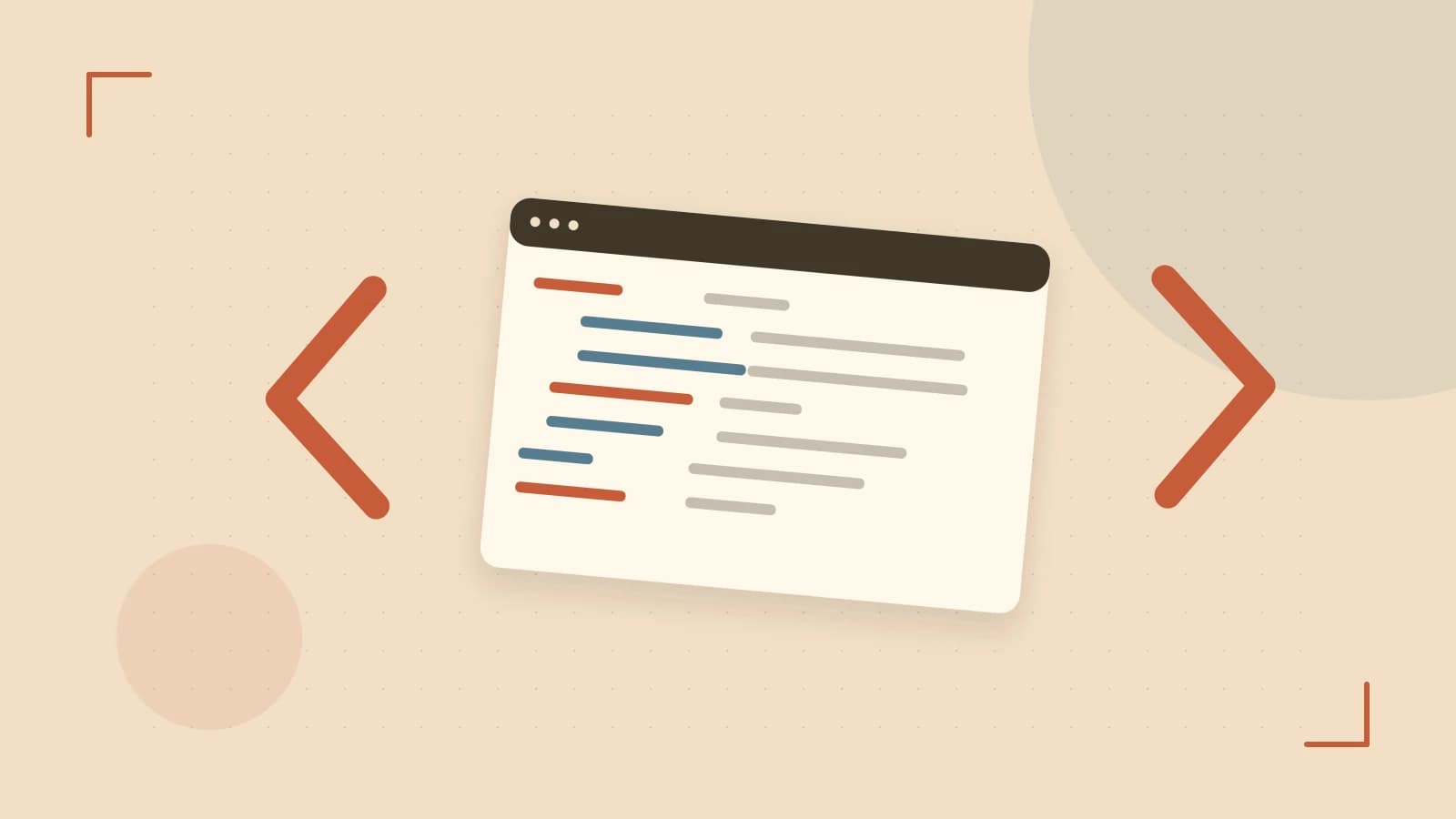 Editorial illustration of an abstract code editor, syntax blocks and oversized programming brackets