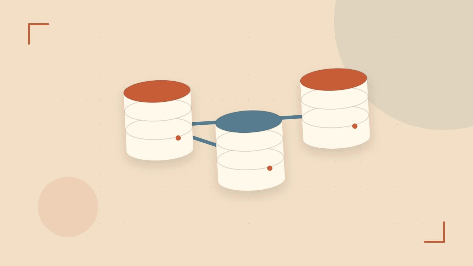 Editorial illustration of structured records, database cylinders and relationships between tables