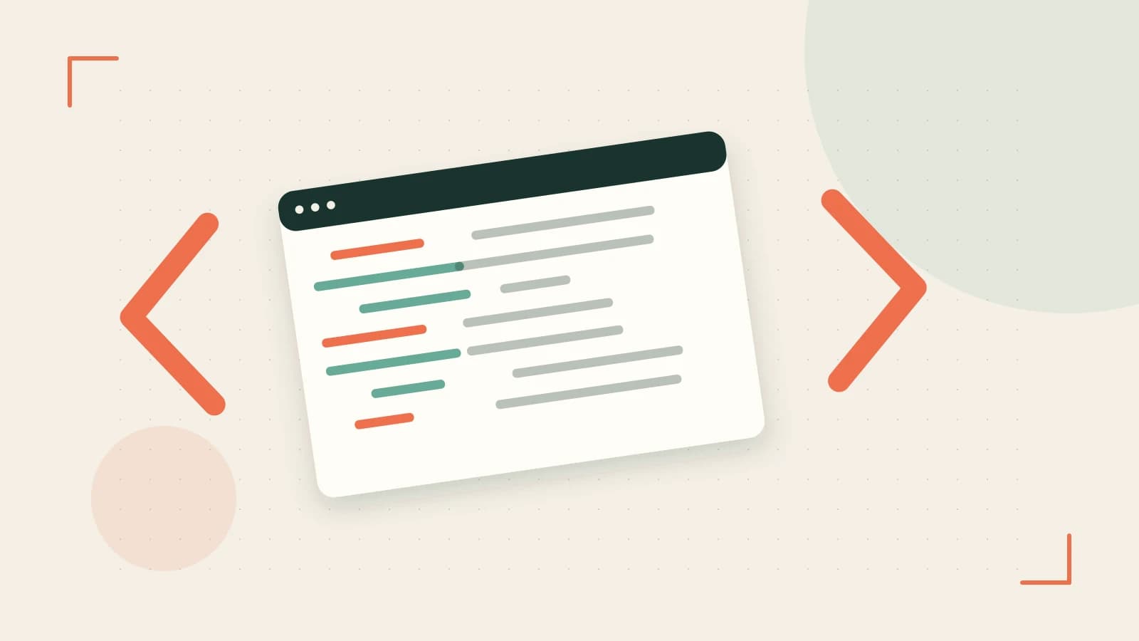 Editorial illustration of an abstract code editor, syntax blocks and oversized programming brackets