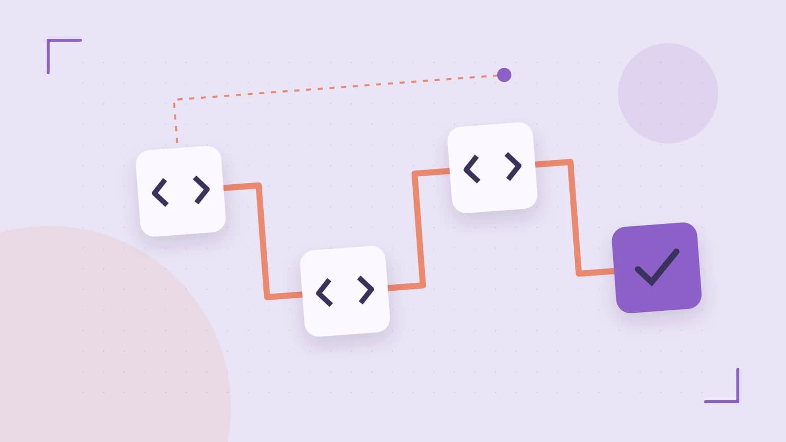 Editorial illustration of a branching build pipeline, staged transformations and a completed check